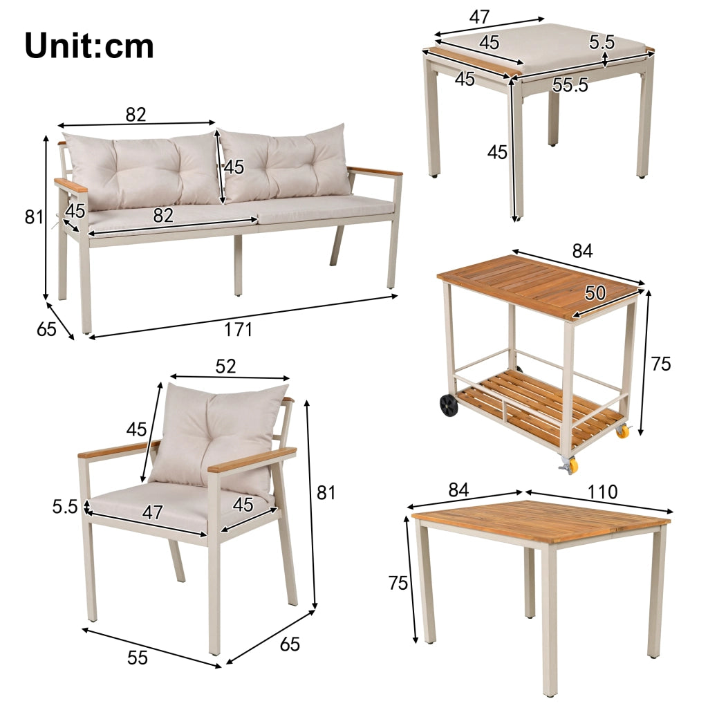 Set Tavolo e Sedie da Giardino con 1 Divano 2 Posti; 2 Sedie; 2 Sgabelli; 1 Tavolo e 1 Carrello; Acacia; Metallo e Tessuto; Beige e Naturale