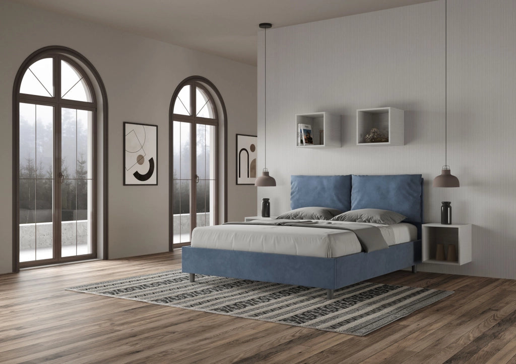 BS COM Letto queen size con rete imbottito 150x200 microfibra blu