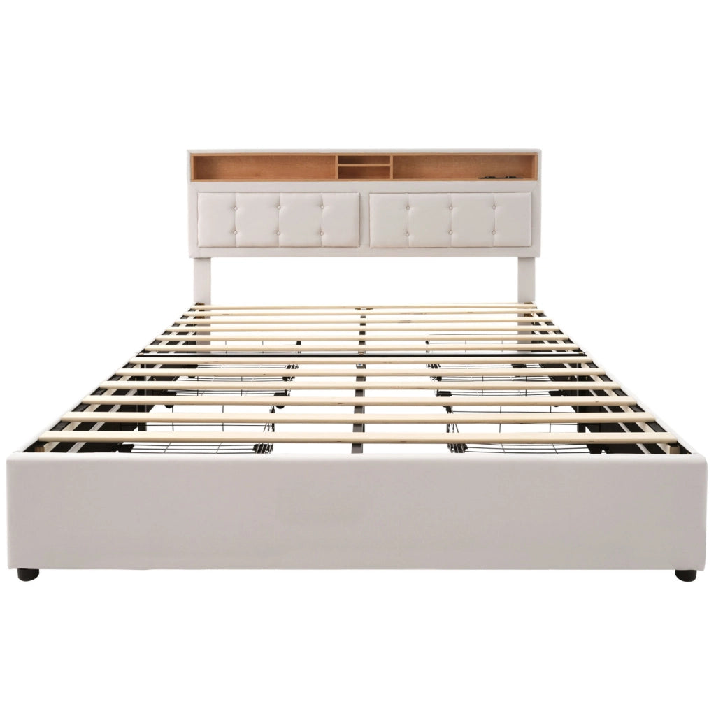 Letto matrimoniale 140x200 cm con 4 cassetti; USB C; testiera regolabile; lino beige