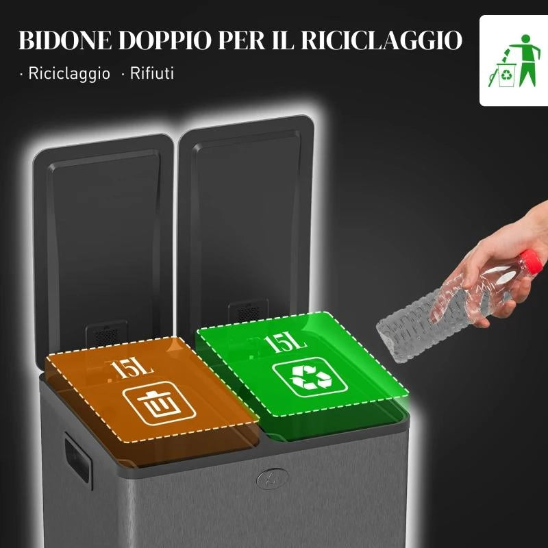 BIDONE IMMONDIZIA A 2 SEZIONI DA 15L CON CHIUSURA SILENZIOSA, IN ACCIAIO INOX E PP, 41.7X36.6X43.2 CM, NERO