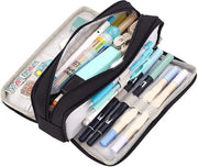 Etui con 3 Compartimenti Grande Capacità di Stoccaggio - Doppia Apertura - Pannelli di Canapa morbida - Chiusura a Ritagli di Tessuto - Adatto per Studenti - Tasca per Pennarelli