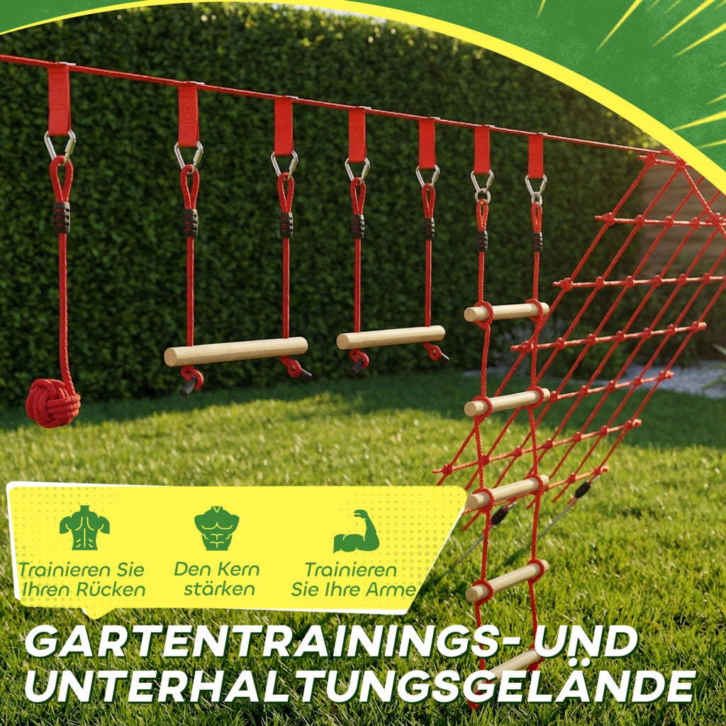 Set Slackline per bambini con anelli, altalena, scala e rete da arrampicata ¨C zephmum ¨C 100x30x18 cm Rosso