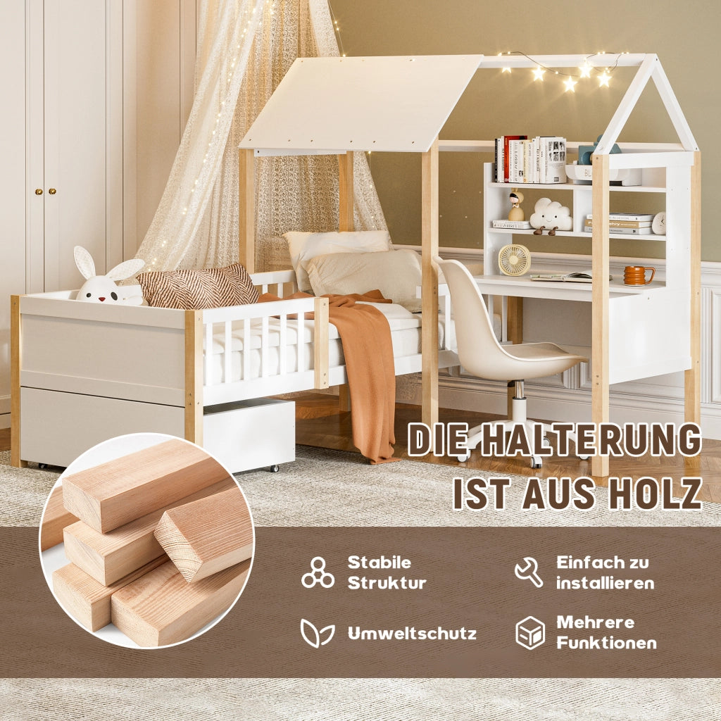LETTO per bambini L 90x200 cm Bianco in legno massello e MDF con scrivania e libreria