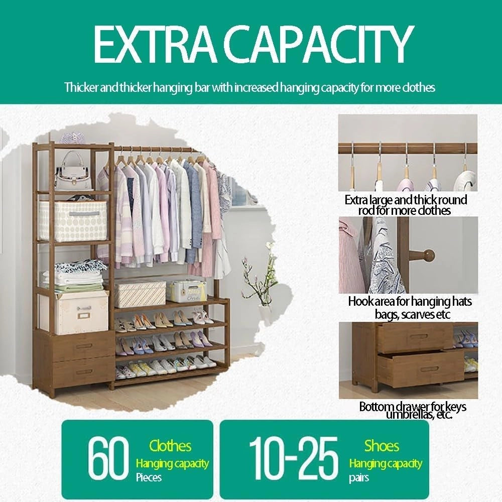 Appendiabiti in bambù, Appendiabiti con Ripiani portaoggetti a 4 Livelli, Guardaroba Aperto con Asta Appendiabiti, Appendiabiti per Soggiorno, Ingresso, Bagno e Ufficio per Vestiti