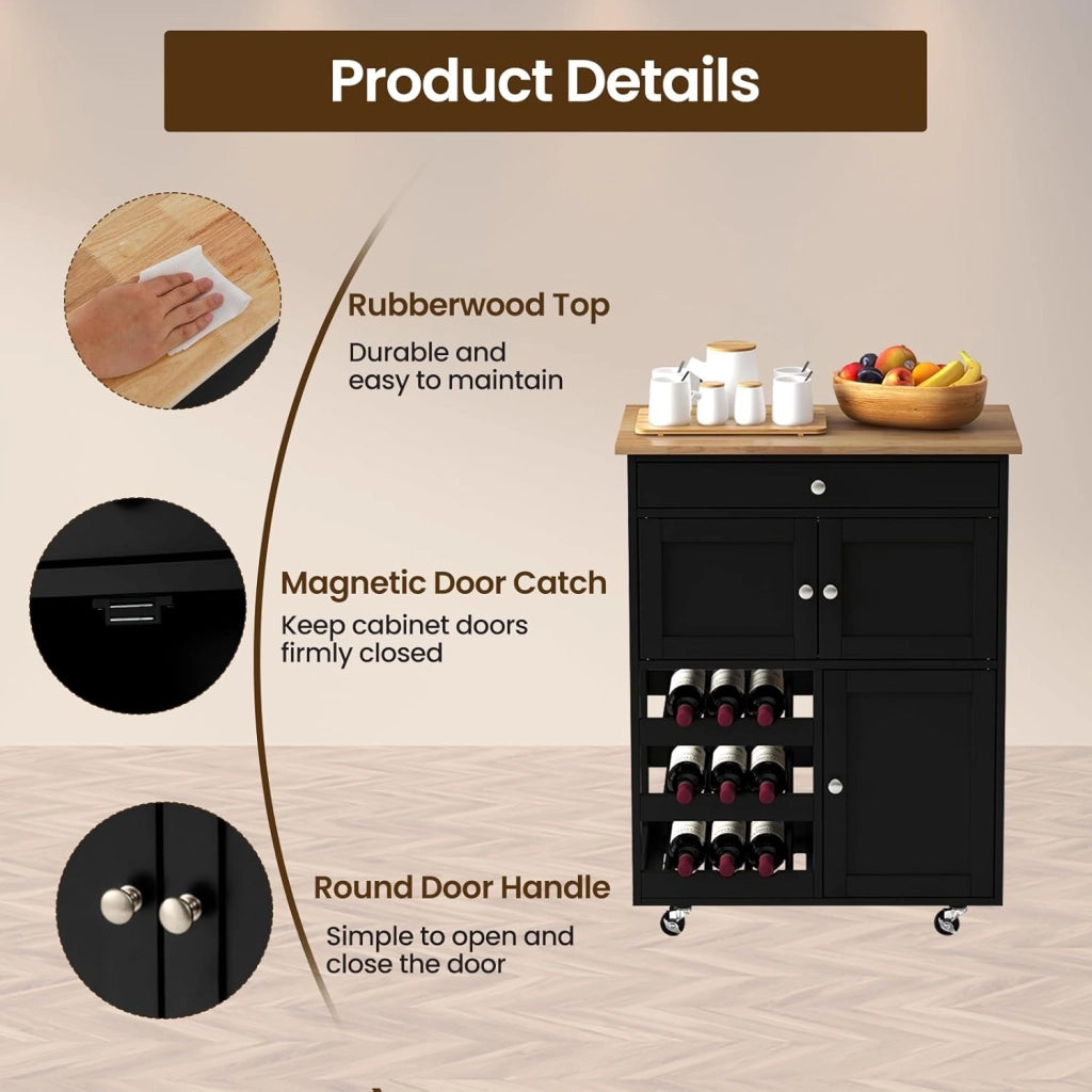 Carrello da Cucina Interno e Esterno, 1 Cassetto + 3 Ante + 3 Porta Vino, Credenza Mobile con 2 Ruote Bloccabili, Salvaspazio, Portata di 30 kg, 67x37x86 cm, 2 Colori (Nero)