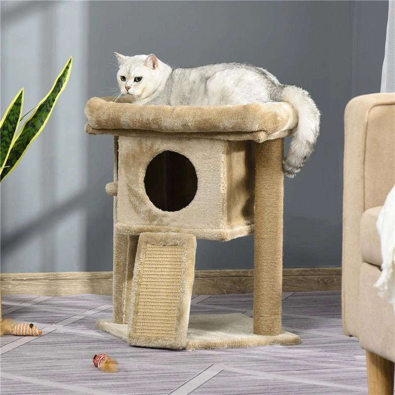 ALBERO PER GATTI IN PELUCHE CON CASETTA PER GATTI E LETTINO, TIRAGRAFFI IN JUTA E PALLINA, MARRONE