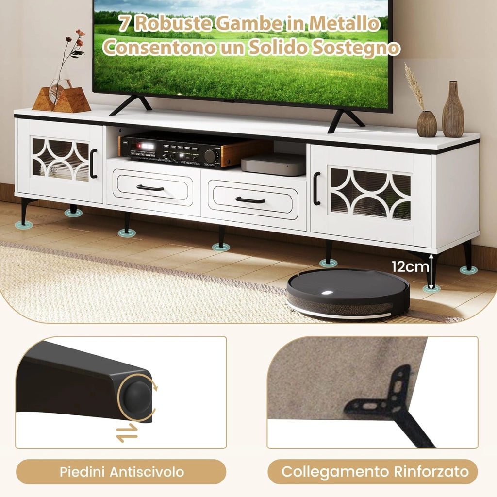 Mobile TV in Legno per Televisori Fino a 80", Mobile Porta TV 180 cm con 2 Cassetti, 2 Armadi e Scomparto, 7 Gambe Metalliche Rialzate, Consolle Media per Soggiorno (Bianco)