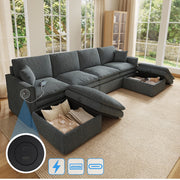 Divano modulare 6 posti a U/L con 2 pouf contenitore e USB; grigio 277x135x80 cm