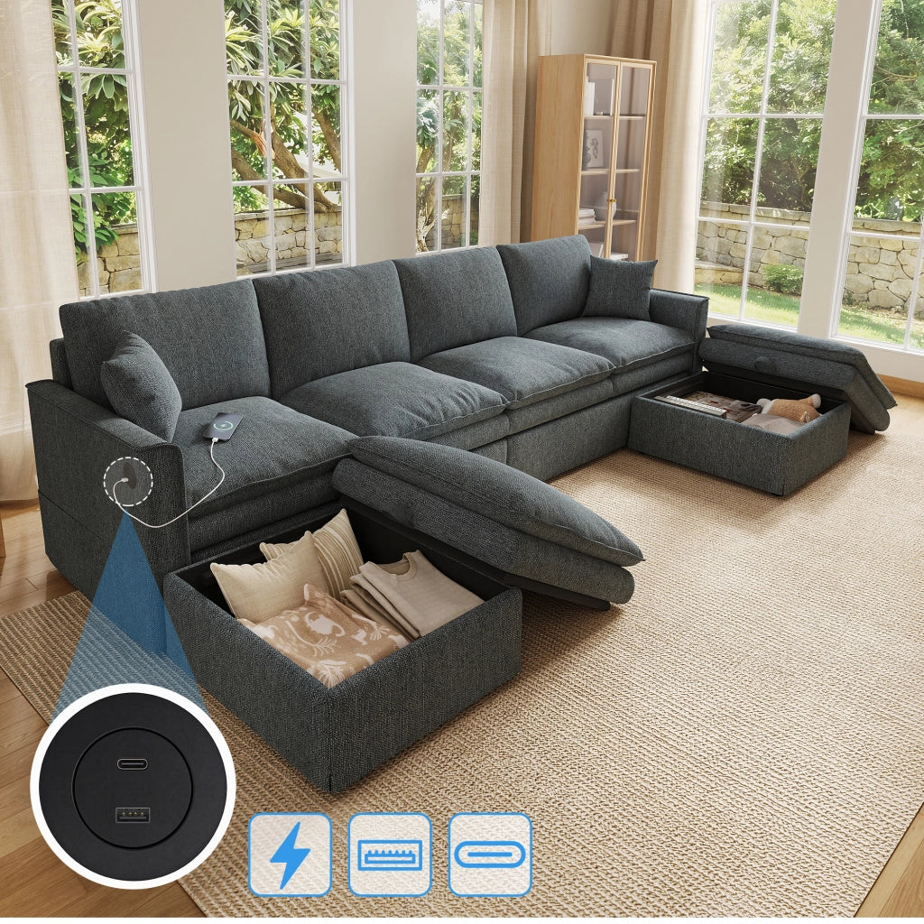 Divano modulare 6 posti a U/L con 2 pouf contenitore e USB; grigio 277x135x80 cm