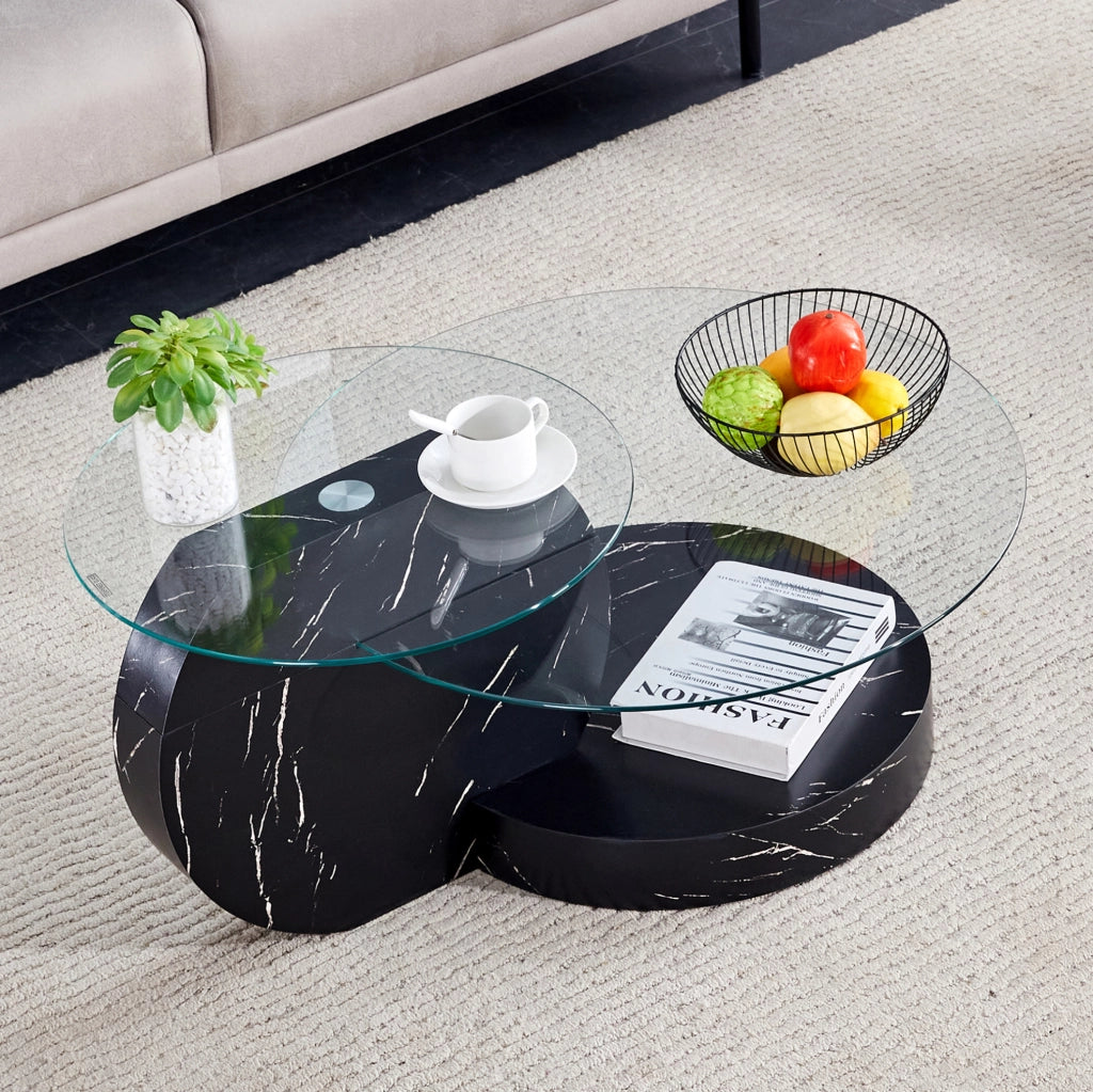 Tavolino da caffè moderno in MDF e vetro temperato; 78;5×78;5×24;5 cm; nero e trasparente