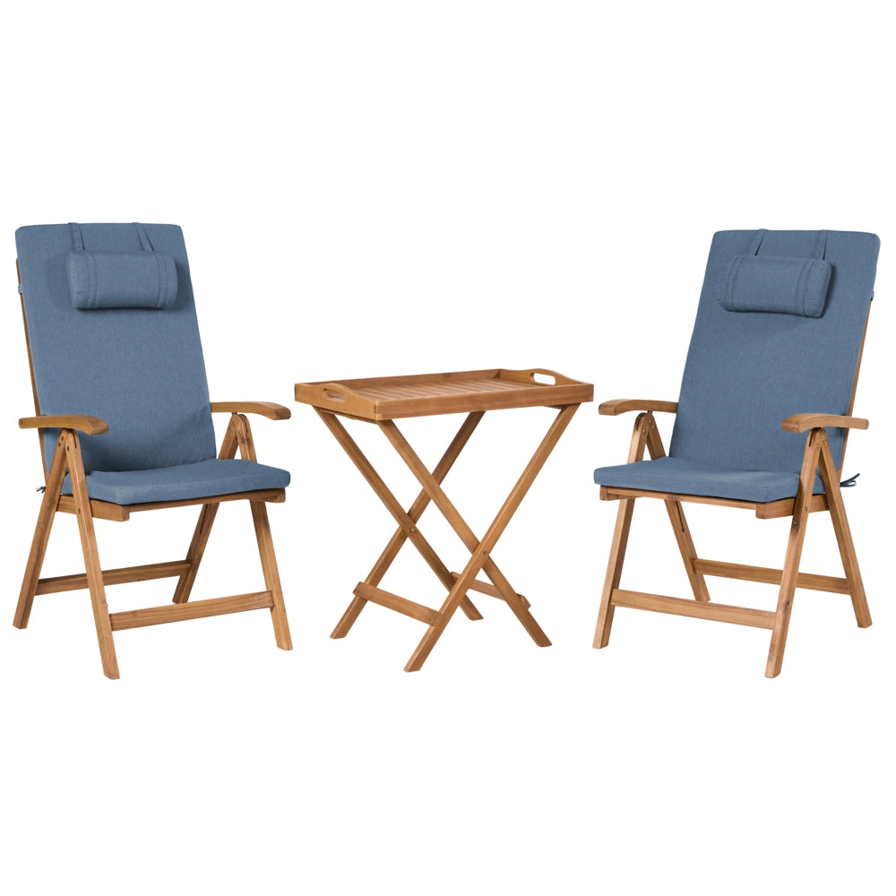 Set da giardino in stile rustico con tavolo in legno di acacia 2 sedie pieghevoli e cuscini blu