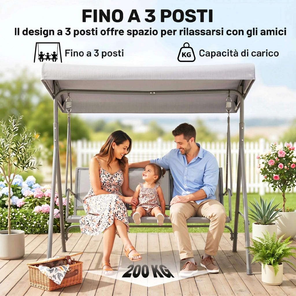 Dondolo 3 Posti da Giardino Esterno Terrazzo in Poliestere Grigio