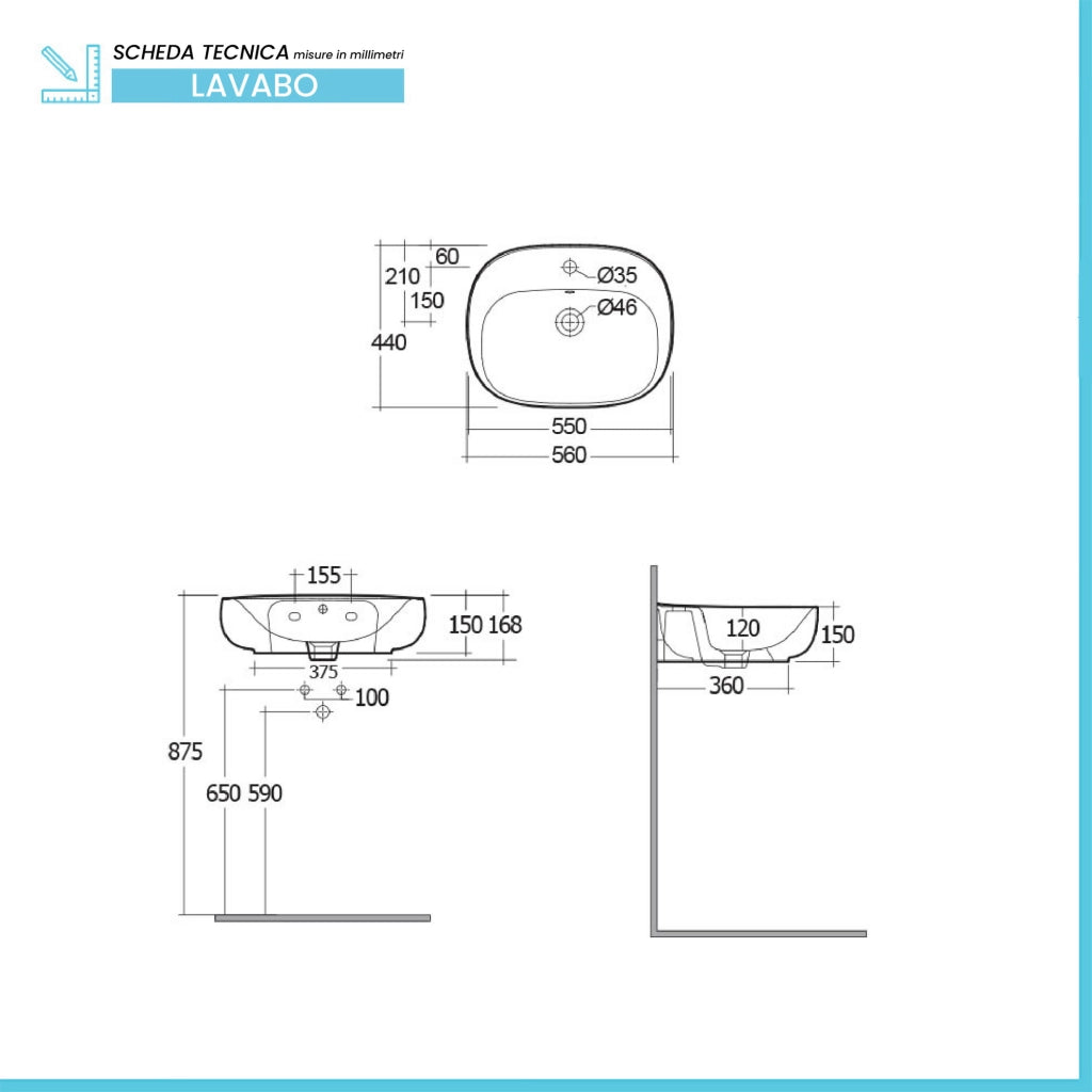 Lavabo ovale 55 cm sospeso bianco in ceramica Rak Illusion