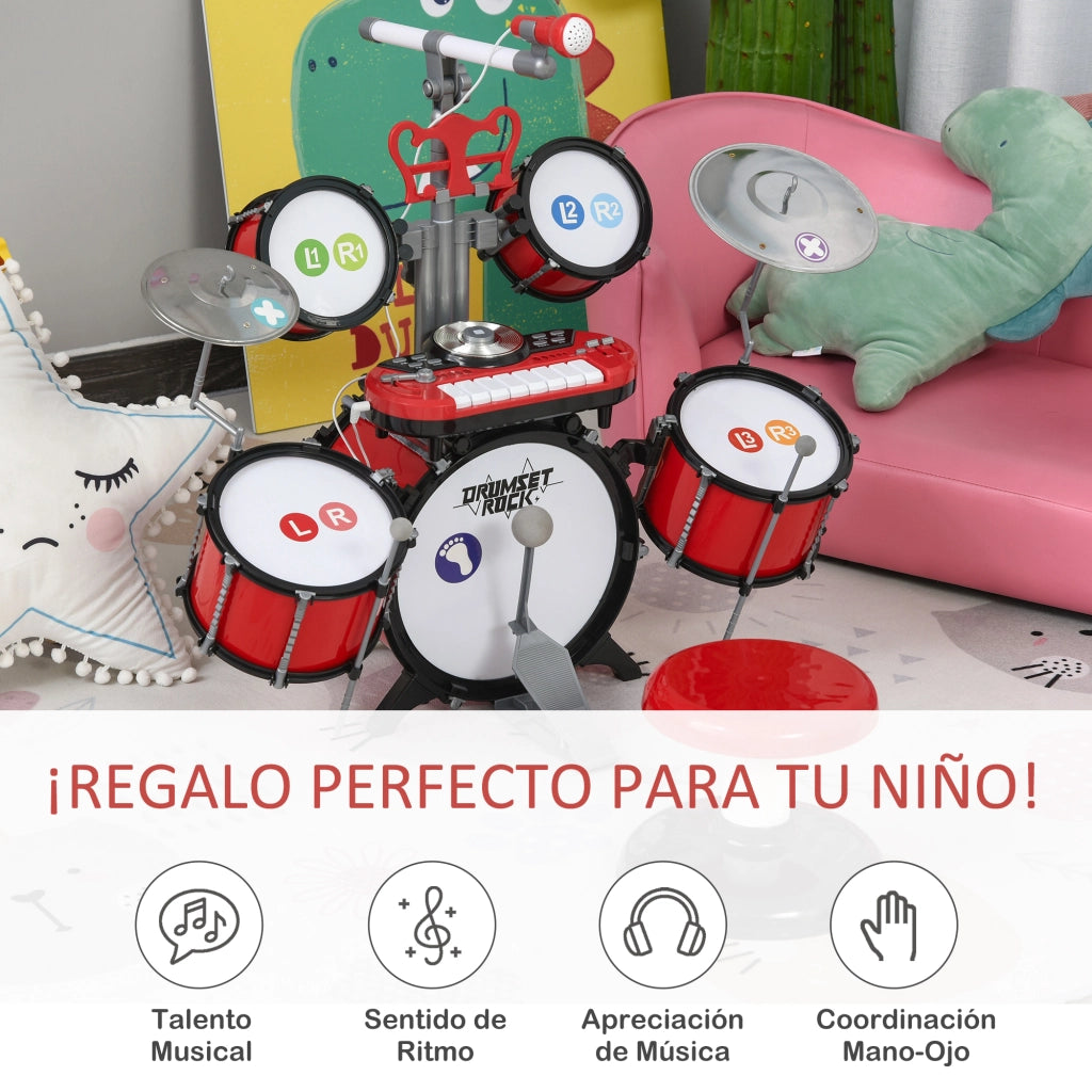 Batteria per Bambini con 4 Tamburi, Microfono, Piatti, Bacchette e Tastiera ¨C Minimal ¨C Rosso
