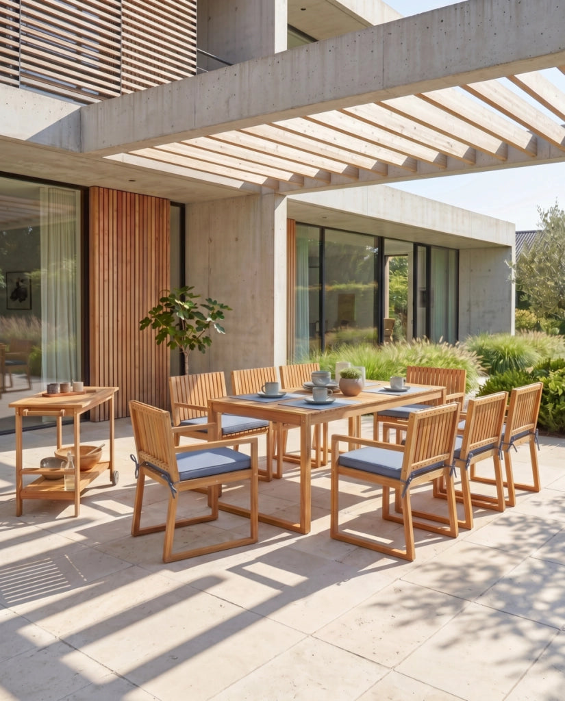 Set di 8 sedie da giardino in legno di acacia chiaro certificato con cuscini blu resistenti all'acqua
