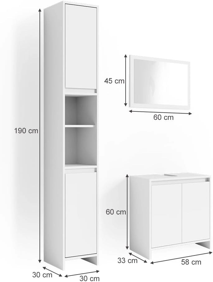Set di mobili da bagno Emma, Bianco, 58 cm, composto da mobile sottolavabo, specchiera e colonna alta