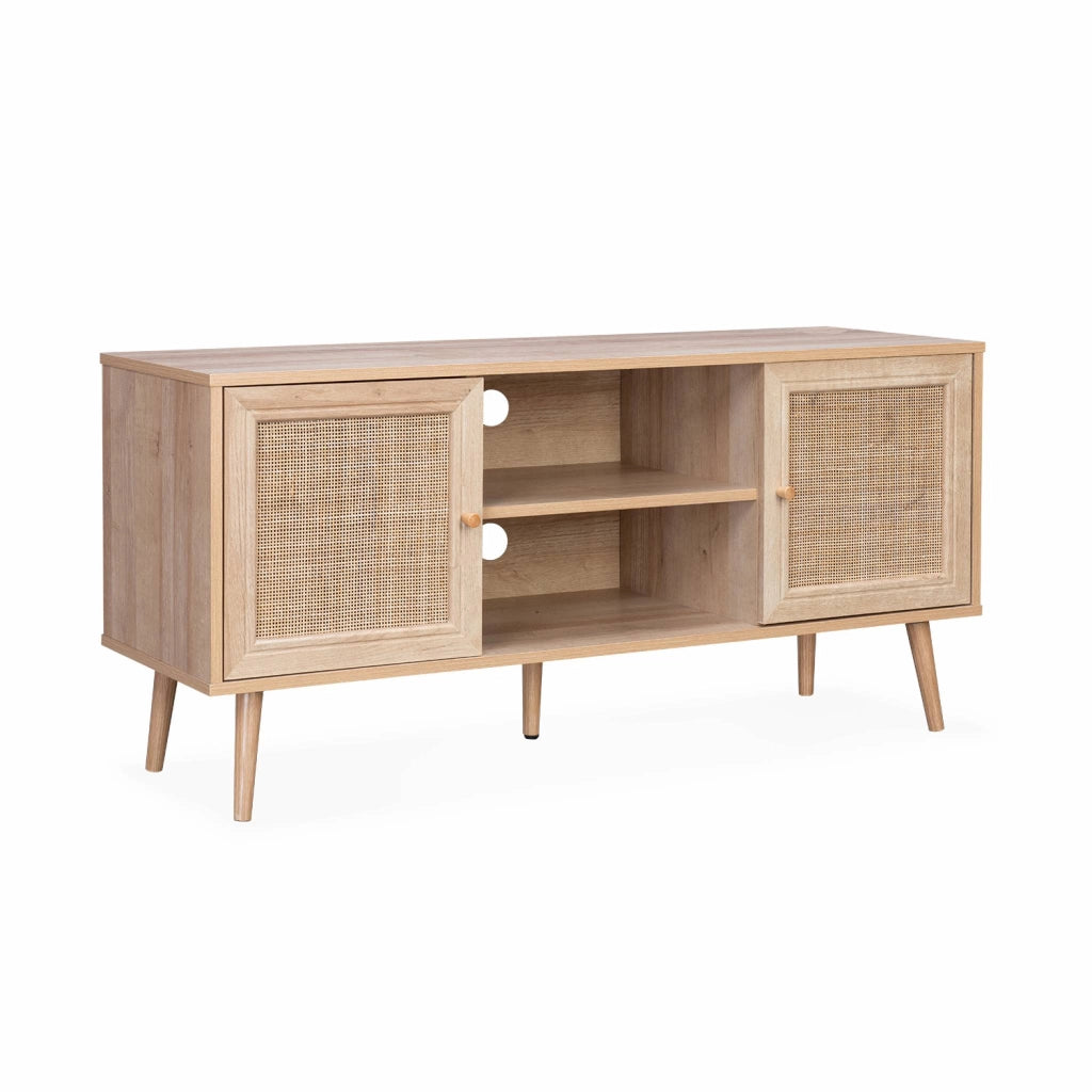 Mobile tv in cannage 2 livelli, 120cm, marrone naturale