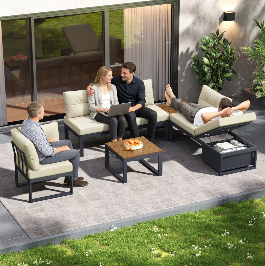 Set divani da giardino modulare beige con schienale reclinabile