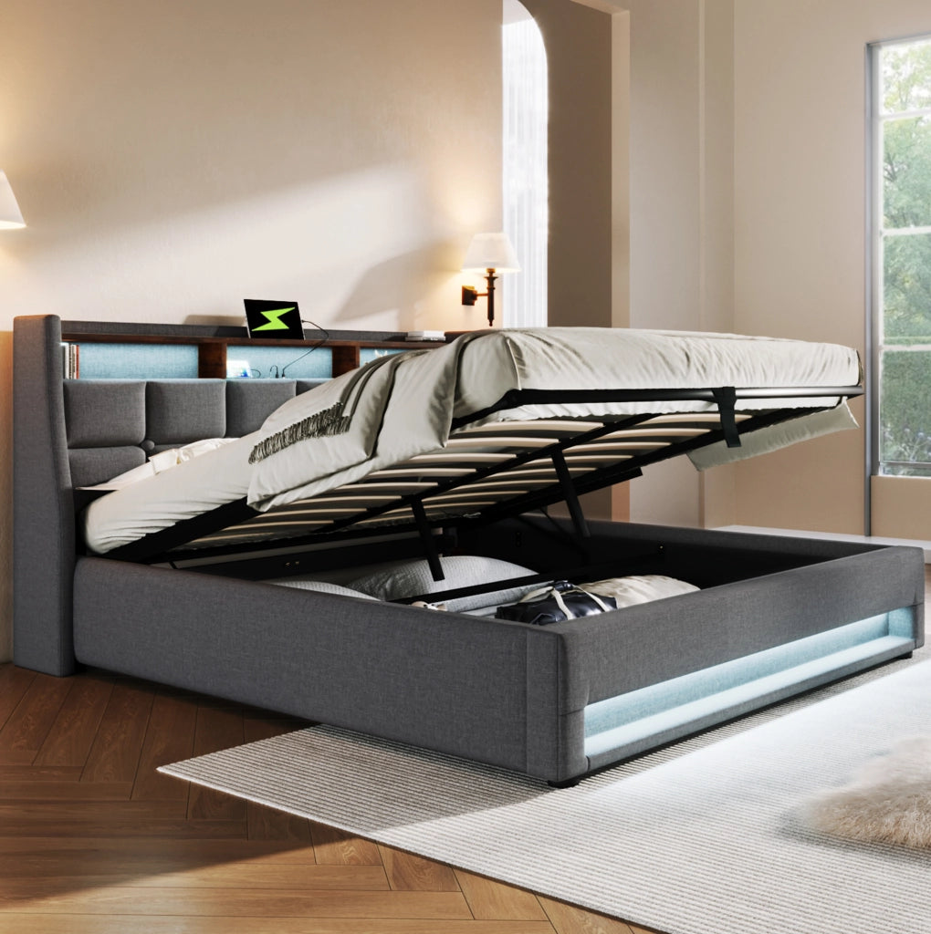 Letto imbottito grigio 140x200 cm con LED, USB e contenitore