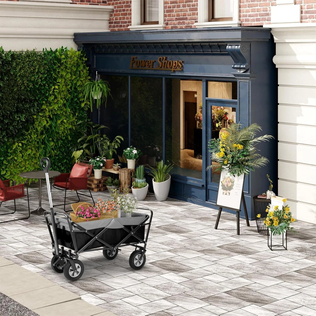 Carrello da Giardino Pieghevole, con Maniglia Regolabile, Carrello da Spiaggia Portatile con Tasche Laterali per Spesa, Picnic, Adatto a Vari Suoli, Portata 80 kg, Nero+Grigio