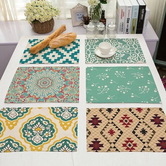 Set di 6 Targhe da Tavola in Cotone Lino – Disegno Moderno Fiori e Paisley – Targhe da Tavola 43x33 cm