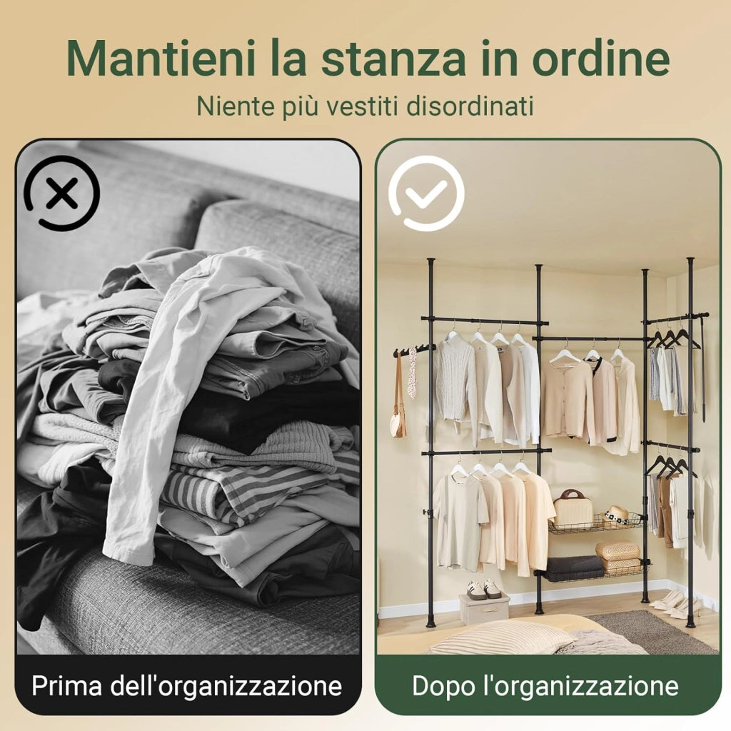 Telescopic Appendiabiti da Terra, Robusto Stand Appendiabiti con Aste e Ripiani, Armadio Aperto Regolabile per Camera da Letto, Porta Abiti Nero KLS04-II-SCH
