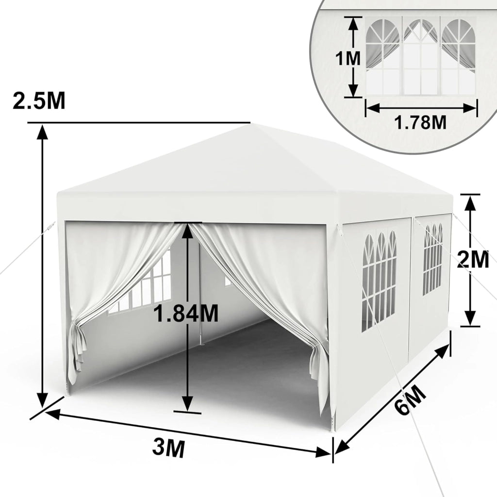 Gazebo Esterno Resistente da Giardino 3 x 6 m con Pannelli Laterali e Finestre in Poliestere Gazebi Tendone per Feste Protezione UV Impermeabile Tenda per Esterni, Bianco
