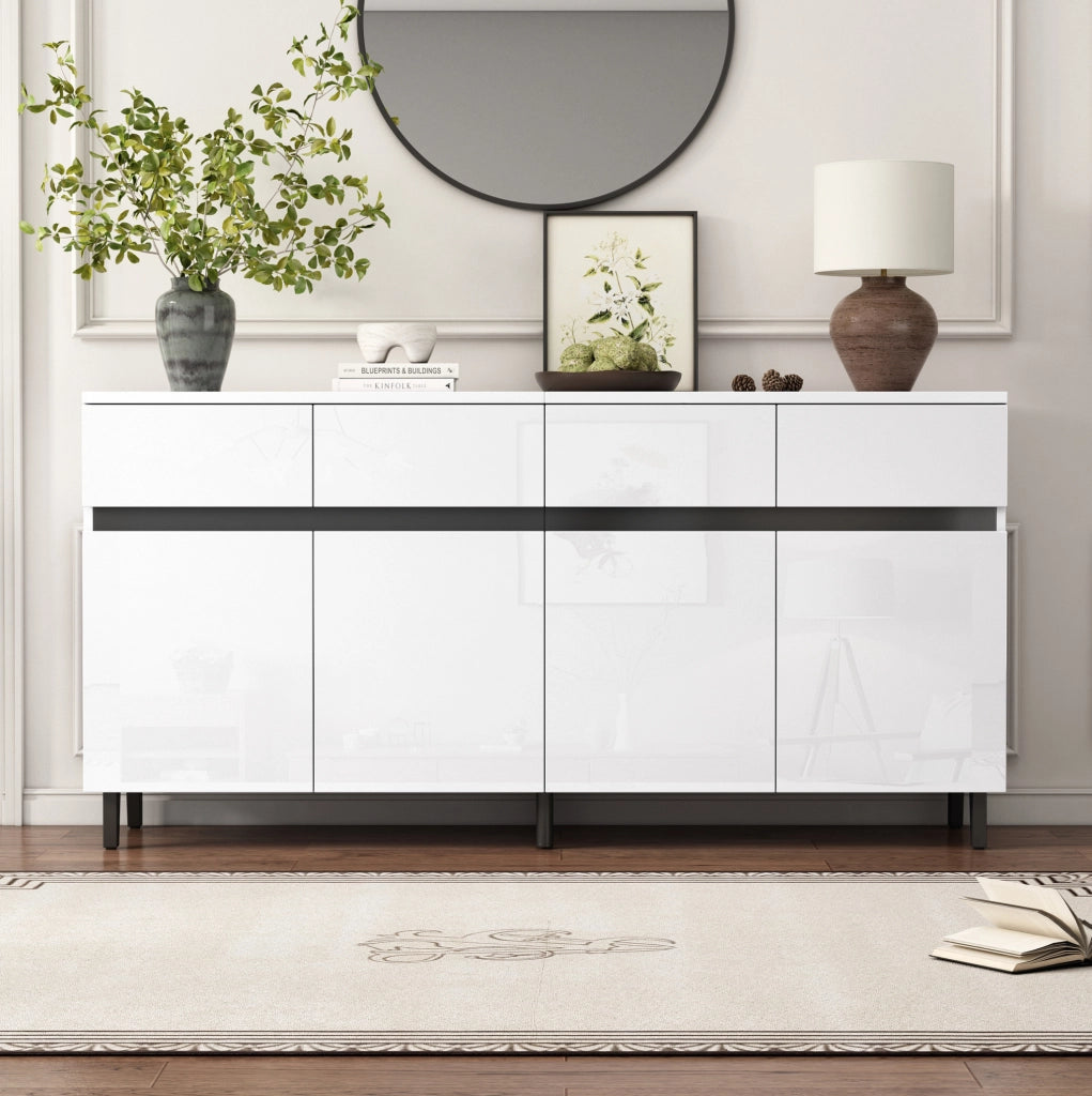 Credenza bianca lucida 160 cm con 4 cassetti e ripiani regolabili