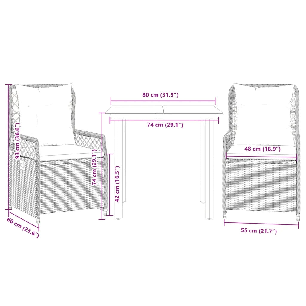 Set da Pranzo da Giardino 3 pz con Cuscini Beige in Polyrattan 3263020