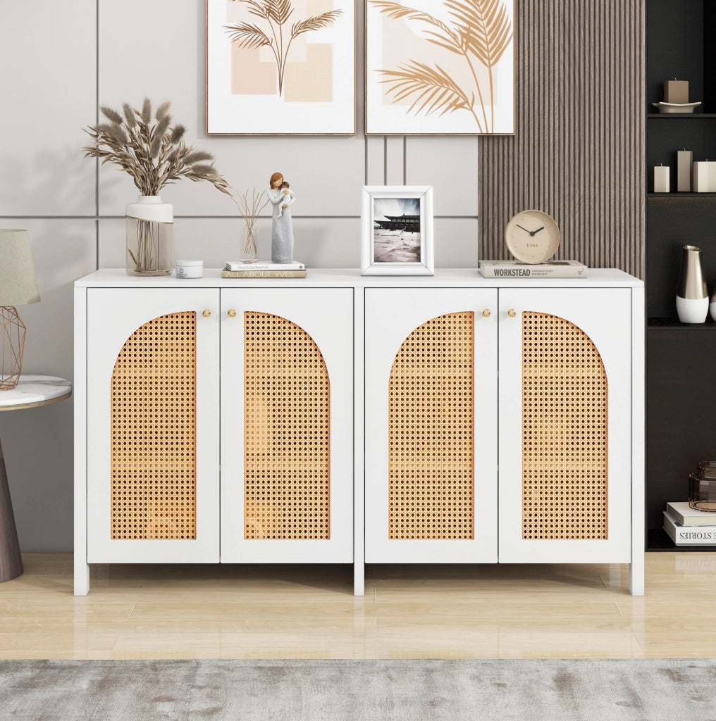 Sideboard a 4 ante; in MDF; truciolare e rattan sintetico; bianco