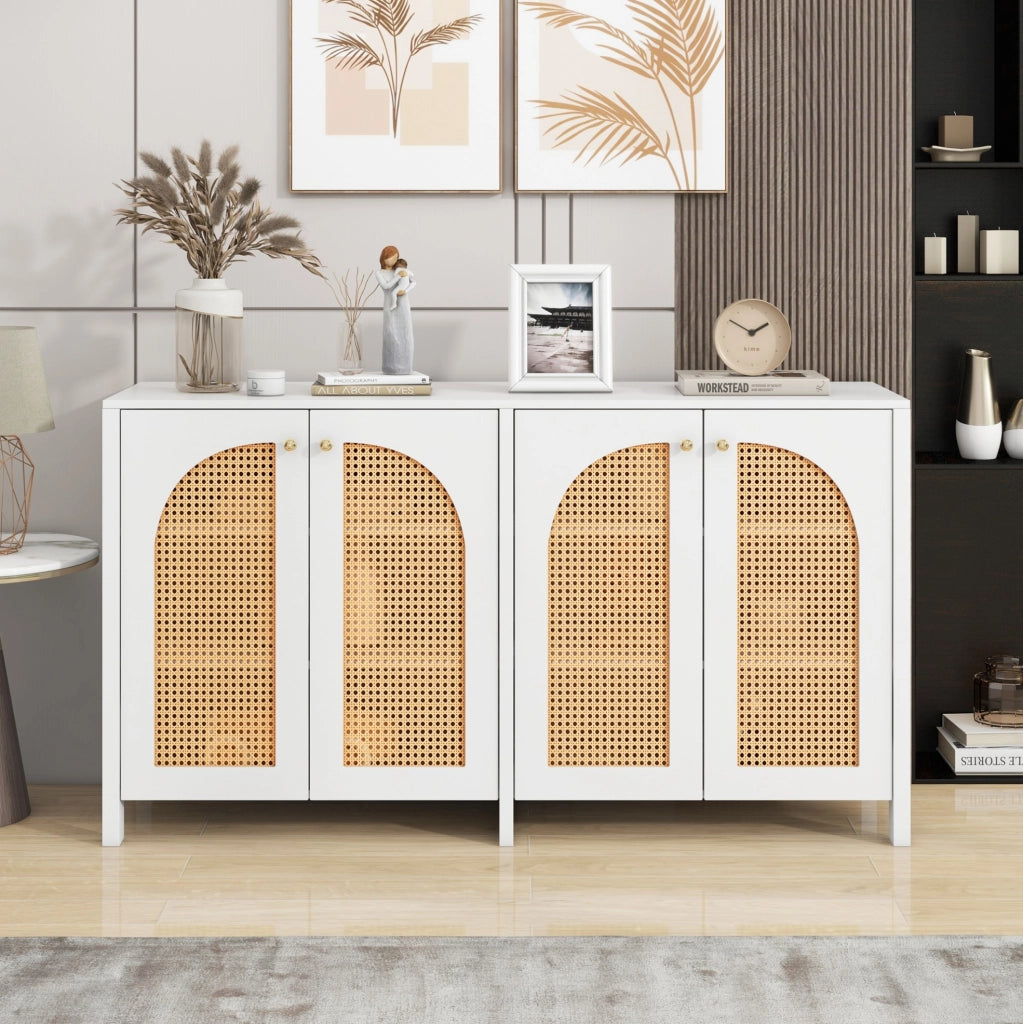 Sideboard a 4 ante; in MDF; truciolare e rattan sintetico; bianco