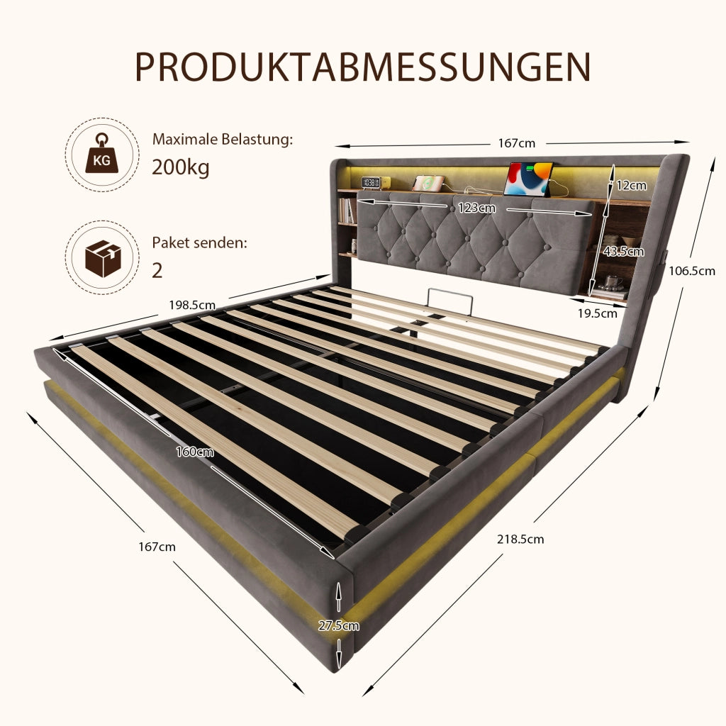 Letto Contenitore Matrimoniale 160x200 cm; LED; USB e Type-C; in Velluto Grigio Scuro