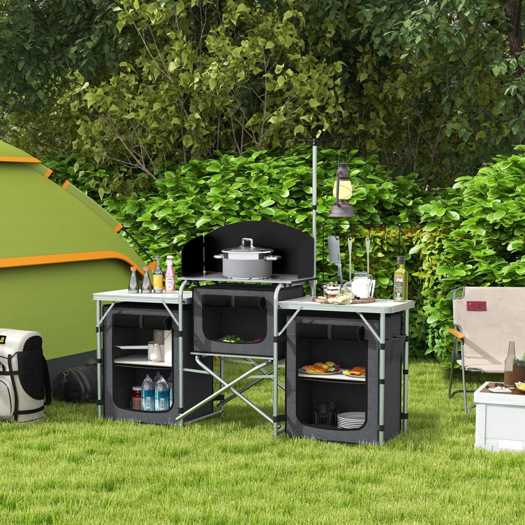 Cucina da Campeggio Pieghevole a 3 Piani con 5 Ripiani Interni e 4 Ganci, 172x48x130 cm, Nero