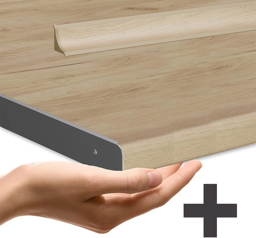 Mobile da cucina R-Line, Beige, 240 cm, PL Rovere, con moduli posizionabili variabilmente e piedini regolabili in altezza