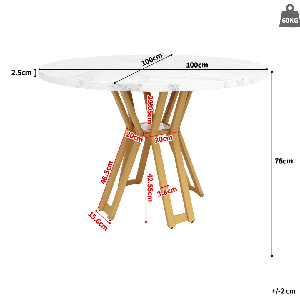 Tavolo da pranzo rotondo 100x100x76 cm in MDF e metallo; bianco e oro