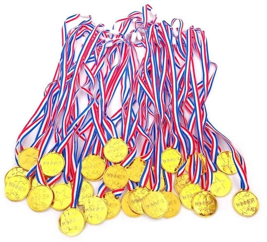 Medaglie di Vittoria - 30 Pezzi - Medaglia a Fiocchetto - Plastica - Leggera - Diametro 3,8 cm - Per Feste di Compleanno dei Bambini