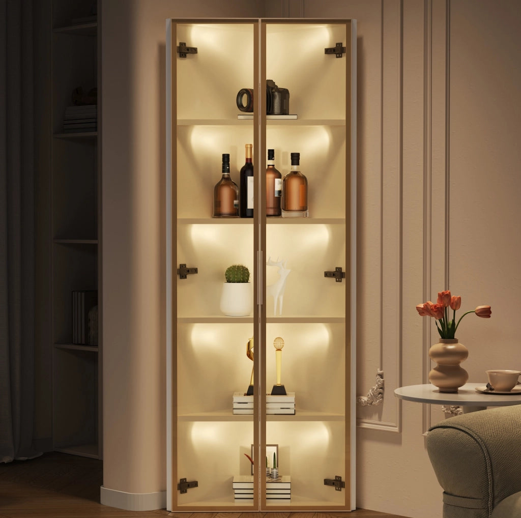 Vetrina angolare con LED 62 x 35 x 160 cm in MDF; vetro temperato e finitura bianca