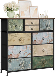 Cassettiera, 10 Cassetti per Camera da Letto/Corridoio/Soggiorno,arrone Rustico e Nero con Motivo Fiore Retrò, Struttura in Metallo, 100x 30x 100cm, SSK009pw