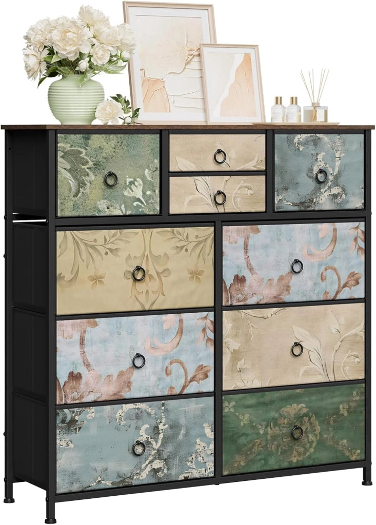 Cassettiera, 10 Cassetti per Camera da Letto/Corridoio/Soggiorno,arrone Rustico e Nero con Motivo Fiore Retrò, Struttura in Metallo, 100x 30x 100cm, SSK009pw