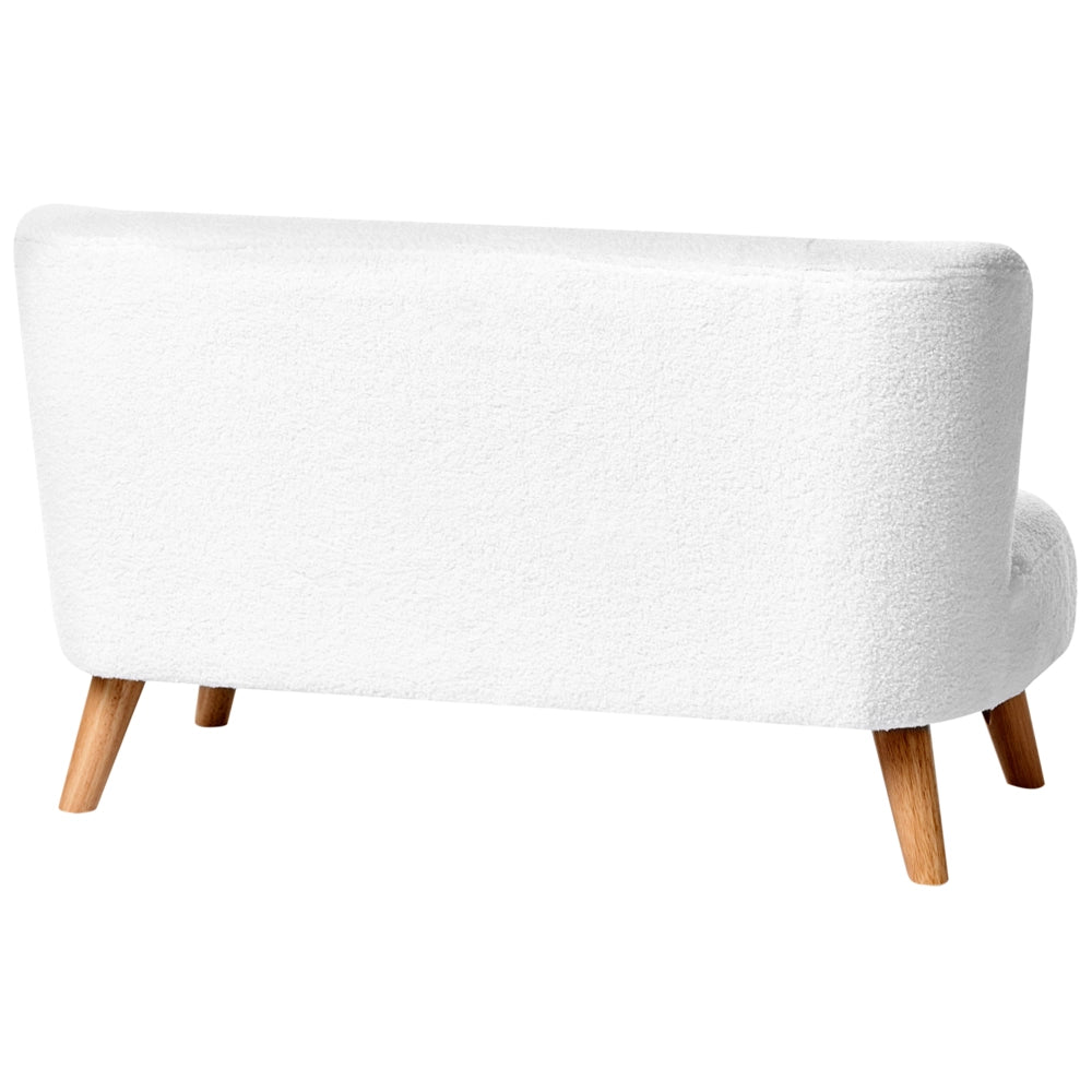 Divano per bambini bianco imbottito in bouclé con braccioli, divano moderno per bambini