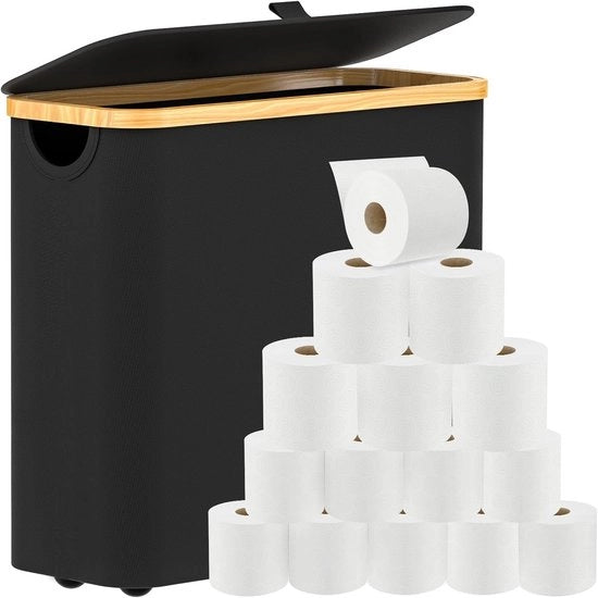 Organizzatore per carta igienica, organizzatore per carta igienica con coperchio, contenitore per carta igienica con riserva, organizzatore per carta igienica in bambù per la camera da bagno, contenitore per carta igienica nero, cassetto di stoccaggio