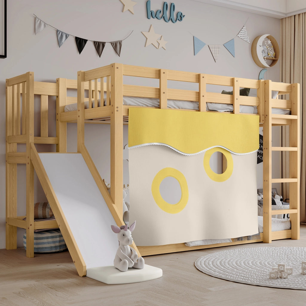 LETTO A CASTELLO con scivolo e scala 90x200 cm MDF e pino naturale con tende