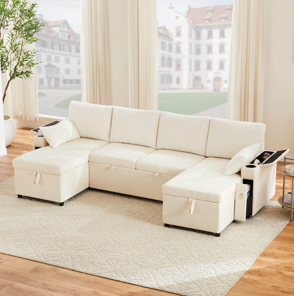 Divano letto modulare a U 4 posti con contenitore beige