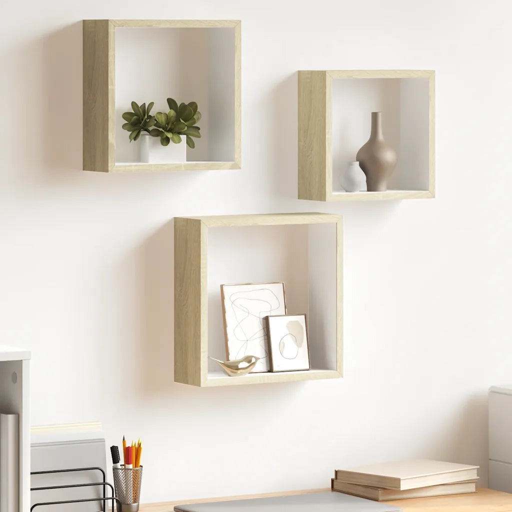 Mensole da Parete a Cubo 3 pz Bianco e Rovere Sonoma cod mxl 33001