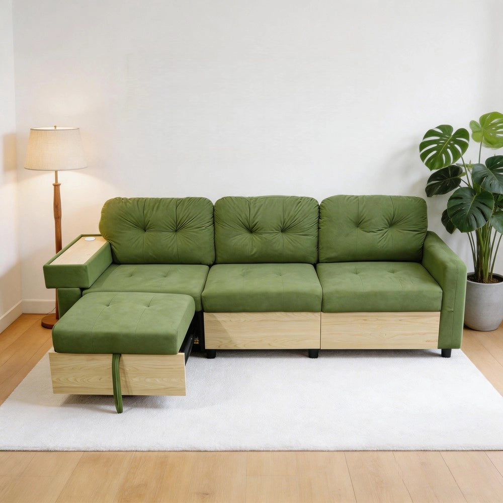 Divano Angolare 3 Posti con Penisola Estraibile ¨C MINIMAL ¨C Velluto Verde, Contenitore, Braccioli in Legno