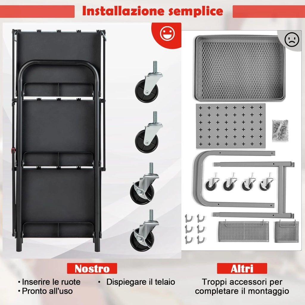 Carrello Pighevole a 3 Livelli, Carrello Multiuso con 4 Ruote, Organizzatore di Stoccaggio per Ufficio Cucina Studio, 61x44x96 cm, Nero