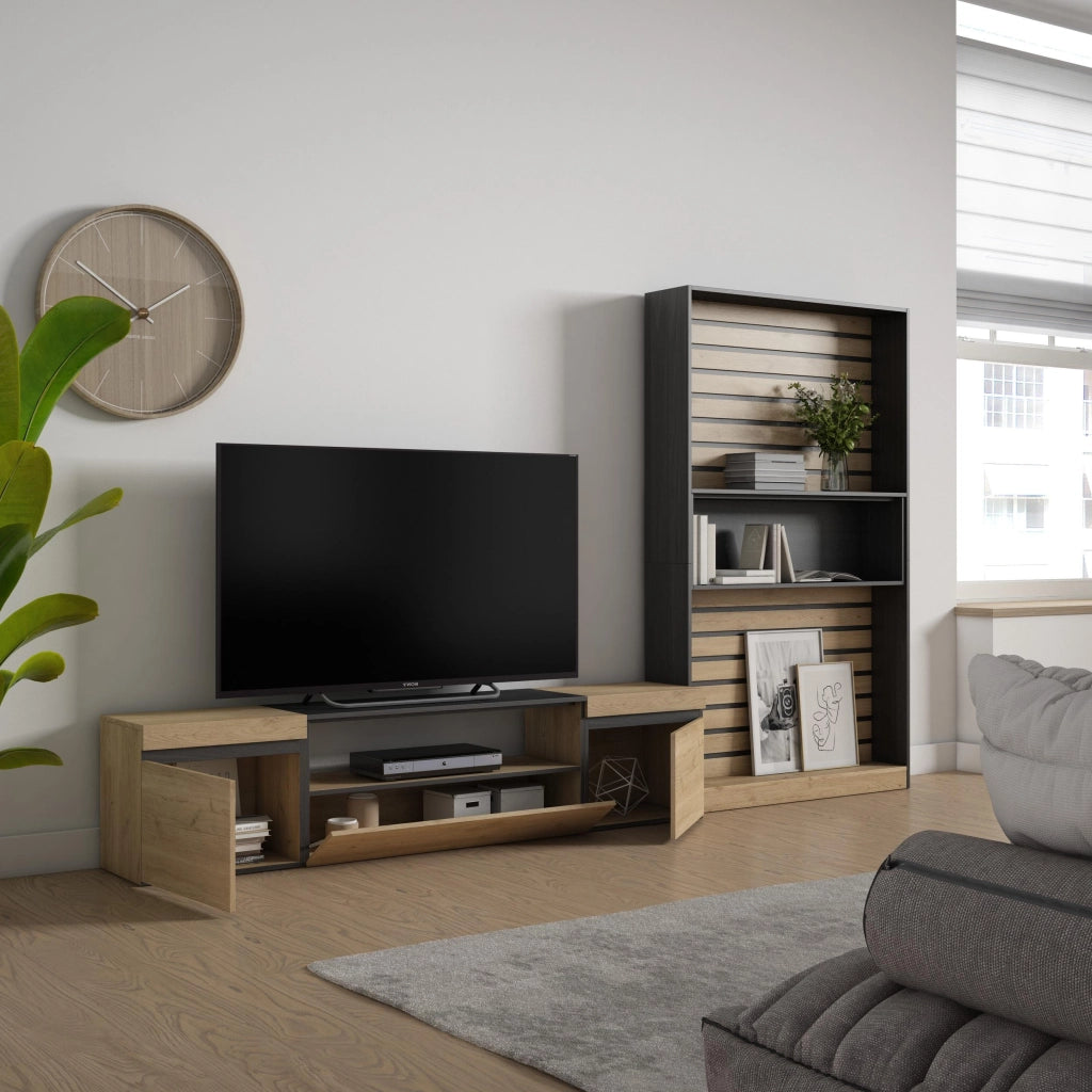 Mobile TV, Soggiorno, 310x35x186cm, Per TV fino a 80", Set di mobili, colore Rovere e nero RF2856