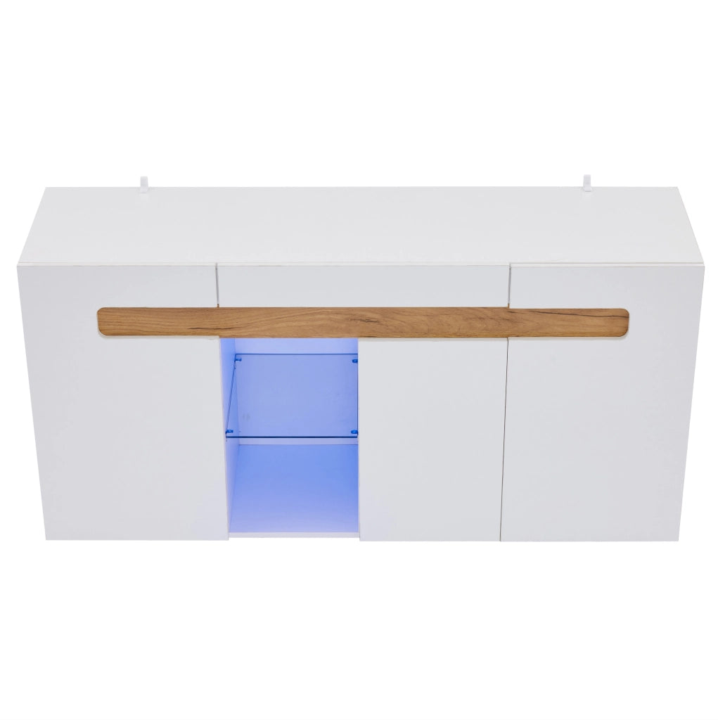 Credenza 140x40x70 cm con LED controllato da app e 3 ante in truciolato bianco e naturale