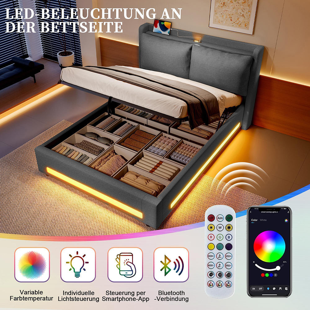 Letto a baldacchino 160x200cm - Xylo - velluto USB-C LED testiera imbottita