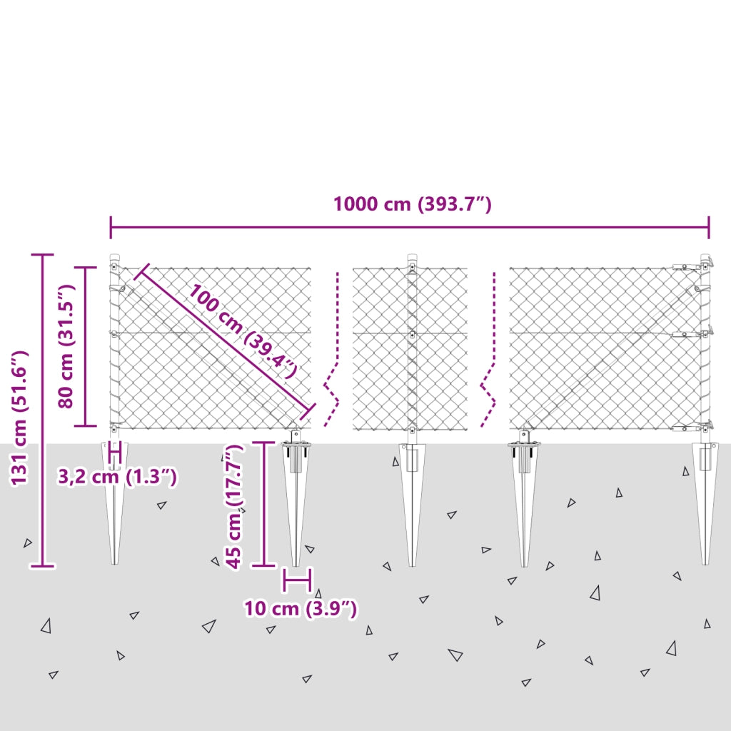 Recinzione a Maglie Metalliche con 7 Pali a Punta 0.8x10 m Acciaio Zincato